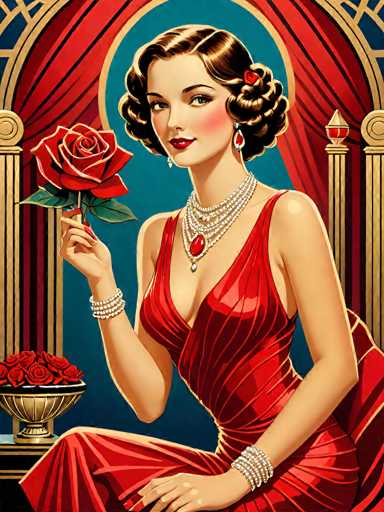 This image is a detailed, cartoon-style painting of a glamorous woman seated on a gold throne with red curtains in the background. The woman, who resembles Marilyn Monroe, has short, curly brown hair adorned with a red flower and is wearing red lipstick. She is dressed in a low-cut, red dress that appears to be made of leather or satin, and accessorized with a multi-strand pearl necklace featuring a prominent red gemstone pendant. She also wears matching pearl earrings and bracelets on both wrists. In her right hand, she holds a red rose, while her left hand rests on her lap. To her left, there is a gold bowl filled with red roses. The overall composition and style of the painting evoke a sense of classic Hollywood glamour.
