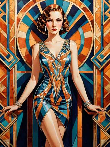 This image is a detailed, stylized painting of a woman in a 1920s flapper outfit, set against a vibrant Art Deco background. The woman, with short, curly brown hair styled in soft waves, is adorned with white earrings and red lipstick. She wears a sleeveless dress that reaches her upper thighs, featuring a geometric pattern in shades of blue, orange, and white. Her arms are outstretched, resting on a surface, and she sports bracelets on both wrists. The background is a striking composition of various geometric shapes, including triangles, squares, and circles, in hues of blue, orange, and yellow, creating a dynamic and colorful setting. The overall style is reminiscent of a 1920s magazine cover, capturing the essence of the era with its bold colors and intricate patterns.