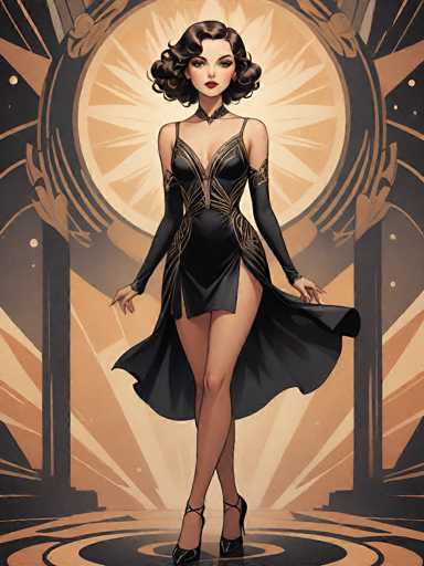 The image depicts a striking, animated woman with short, curly brown hair and blue eyes, standing confidently in a black dress adorned with gold accents. The dress features thin straps over her shoulders, a deep V-neckline that reveals some cleavage, and a high slit on the right side, showcasing her leg. She pairs the dress with black high heels and a black choker around her neck. Her arms are adorned with black sleeves that extend from her elbows to her wrists, and she has a bracelet on her left wrist. The woman is posed with her legs crossed, one leg slightly in front of the other, and her hands resting on her hips. She gazes directly at the viewer with a serious expression.

The background is a vibrant, abstract design dominated by shades of orange, yellow, and black. Behind her, there is a large circular shape with a starburst pattern, surrounded by a dark blue ring. The floor beneath her features a black and orange circular pattern, and the walls are decorated with various shapes and lines in similar hues. The overall scene is dynamic and visually captivating, blending the detailed portrayal of the woman with an intricate, colorful backdrop.