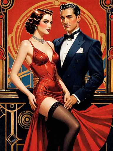 This image is a detailed, stylized painting reminiscent of the 1920s or 1930s, featuring a man and a woman in formal attire. The man, positioned on the right, is dressed in a dark blue tuxedo with a white shirt, a black bow tie, and a white pocket square. He has short, dark hair and a mustache, and he is holding the woman's leg with his left hand. The woman, on the left, is wearing a striking red dress with thin straps and a plunging neckline, complemented by black stockings and a diamond choker necklace. Her short, curly brown hair is styled in a 1920s fashion, and she has red lipstick. She is posed with her right hand on her hip, looking towards the man. The background features a red wall with a gold circular design and a black lower section with additional gold patterns. The overall composition and attire suggest a scene from a vintage movie or a formal event from that era.