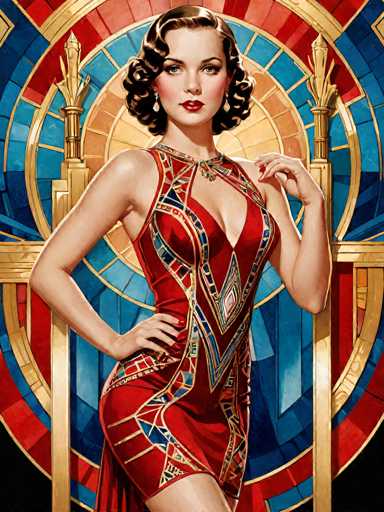 The image depicts a striking, cartoon-style illustration of a woman with short, curly brown hair, styled in a 1920s flapper fashion. She is wearing a form-fitting, red dress adorned with intricate geometric patterns in blue, gold, and white. The dress features a plunging neckline and a high slit on the right side, revealing her leg. Her makeup is bold, with bright red lipstick, and she accessorizes with a choker necklace. The woman's pose is confident, with her left hand resting on her hip and her right hand raised near her chest. She stands in front of a vibrant, stained glass-like background composed of concentric circles in shades of red, blue, and gold, with a black border at the bottom. The overall aesthetic is reminiscent of Art Deco style, evoking the glamour and elegance of the Roaring Twenties.
