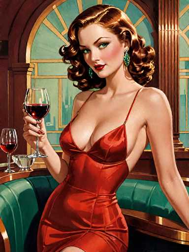 The image depicts a stylized, cartoon-like painting of a woman seated in a luxurious setting. She is wearing a low-cut, red dress that accentuates her cleavage, and she holds a wine glass filled with red wine in her right hand. Her left hand rests on the back of a green, velvet booth with gold trim, which she leans against. The woman has long, curly brown hair and is adorned with green earrings. Her makeup includes red lipstick, and she has a fair complexion. The background features a large, arched window with gold trim, through which a cityscape is visible. The window is divided into sections by gold lines, and the surrounding wall is a dark brown color. The overall scene exudes a sense of elegance and sophistication.