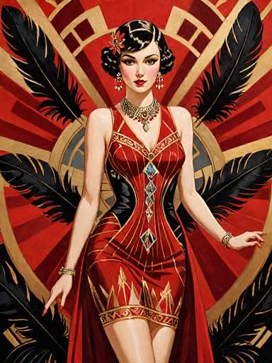 This image is a detailed, vintage-style illustration of a glamorous woman, reminiscent of the 1920s or 1930s. She has short, dark hair styled in a bob with a side part, adorned with a red flower on the left side. Her face is accentuated with heavy makeup, including bright red lipstick, blush, and eye shadow. She wears long, dangling earrings and a thick, ornate choker necklace with a pendant.

Her dress is a striking red with gold stripes and features a black corset-like bodice with a diamond-shaped design down the center. The dress is sleeveless and has a high slit up to her upper thigh, revealing her legs. She accessorizes with bracelets on both wrists and has red-painted nails.

The background is a vibrant red with a gold circle at the center, surrounded by black feathers radiating outward. The overall composition is rich in color, featuring shades of red, black, gold, and blue, creating a luxurious and eye-catching portrait.