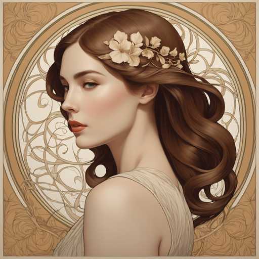 This image features a highly detailed, computer-generated portrait of a woman with long, wavy brown hair adorned with a delicate floral crown. She is positioned in a side profile, facing left, with her head slightly turned towards the viewer. Her striking blue eyes and red lips add to her captivating appearance. She is dressed in a sleeveless, beige dress that complements the soft, earthy tones of the background. The background itself is a blend of beige and brown hues, decorated with intricate, swirling floral patterns that enhance the overall elegance of the portrait. The woman's hair is parted in the middle, framing her face beautifully, and the entire composition exudes a sense of grace and sophistication.