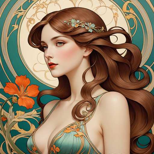 This image features a highly detailed, computer-generated depiction of a young woman with long, wavy brown hair adorned with a delicate floral crown. She has striking blue eyes, red lips, and a fair complexion. The woman is dressed in a light blue, strappy top that reveals her shoulders and chest, and the fabric is embellished with intricate orange and gold floral patterns. The background is a rich teal color, decorated with golden swirls and floral motifs, and a large white circle behind her head adds a dramatic effect. In the bottom left corner, there are vibrant orange and white flowers, adding a touch of natural beauty to the scene. The overall composition exudes a sense of elegance and fantasy, reminiscent of a character from a high-end video game or a fantasy novel.