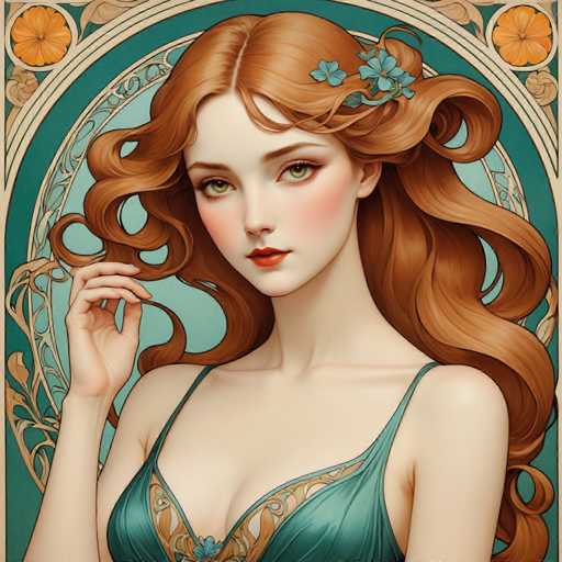 This image features a detailed, computer-generated illustration of a young woman with long, wavy red hair adorned with blue flowers. She has striking green eyes, red lips, and a fair complexion. The woman is wearing a green dress with thin straps and a floral pattern on the chest. Her right hand is raised, touching her hair, while her left arm hangs by her side. The background is a light blue with a circular design that includes orange flowers in the top left and right corners, and a green border. The overall composition gives the impression of a vintage-style portrait, reminiscent of a 1920s aesthetic.