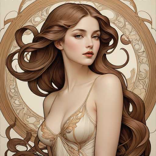 This image features a highly detailed, computer-generated illustration of a young woman with long, flowing brown hair. She is depicted wearing a white nightgown adorned with intricate gold designs. The nightgown has thin straps and a low-cut neckline, revealing a hint of cleavage. The woman's face is turned to the right, showcasing her striking blue eyes, red lips, and a subtle blush on her cheeks. The background is a light brown color, and a large, ornate circular frame with intricate patterns surrounds her, adding a touch of elegance to the composition. The overall style of the image is reminiscent of a painting, with a focus on realistic yet slightly stylized details.