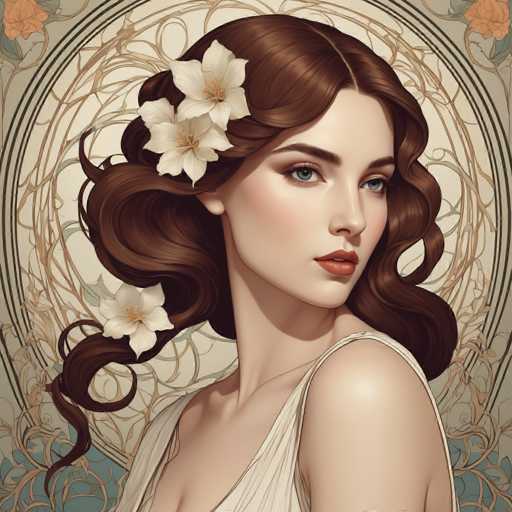 This image is a detailed, computer-generated illustration of a young woman, likely in her early 20s, with long, wavy brown hair adorned with three white flowers. She has striking blue eyes, thick eyebrows, and red lips. The woman is wearing a white dress with thin straps over her shoulders, and her bare arms are visible. She is looking over her left shoulder towards the right side of the image, with her head slightly tilted. The background features a circular design with a light brown, vine-like pattern, and the corners of the image are decorated with orange flowers and green leaves. The overall color palette includes shades of brown, white, blue, red, and green, giving the image a soft, pastel-like appearance.