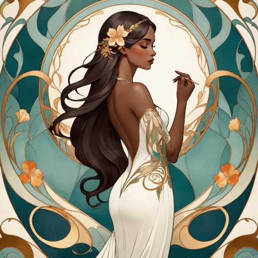 This image is a detailed, computer-generated illustration of a woman with dark skin and long, wavy brown hair that cascades down her back. She is depicted in a side profile, facing to the right, with her eyes closed and her head slightly tilted down. Her hair is adorned with a gold headband featuring a large, light orange flower on the left side, and she wears a thin gold necklace. The woman is dressed in a white gown that has a single shoulder strap on her left shoulder, while her right shoulder is bare. The dress is embellished with intricate gold and green floral patterns. In her left hand, she holds a pen, suggesting she might be drawing or writing. The background is a rich tapestry of colors and patterns, featuring a central white circle surrounded by a gold ring, with blue and green floral designs and orange flowers scattered throughout. The overall composition is vibrant and ornate, with a harmonious blend of colors and intricate details.