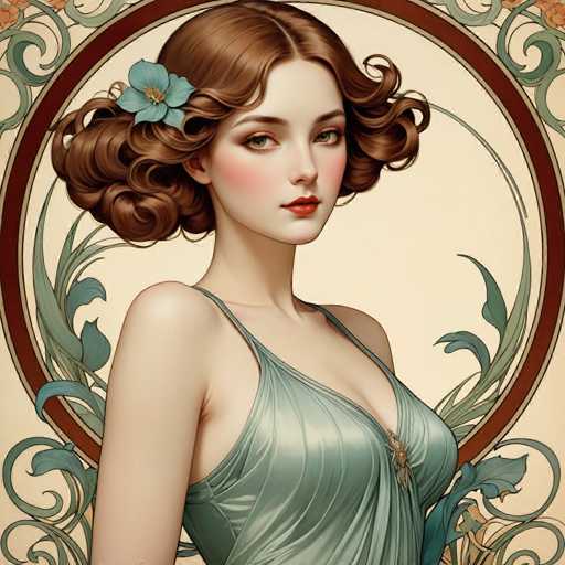 This image features a highly detailed, computer-generated illustration of a woman with a vintage aesthetic. She has light brown, curly hair styled in soft waves that frame her face and are adorned with a blue flower. Her complexion is very pale, accentuated by a subtle blush on her cheeks and a touch of red lipstick. She is dressed in a light green, sleeveless dress with thin straps and a deep neckline, which is fastened with a gold brooch at the center. The background is a light beige, encircled by a dark brown ring with intricate green vines and leaves, adding to the overall vintage feel of the image. The woman's expression is neutral, and she gazes directly at the viewer, creating a striking and captivating portrait.