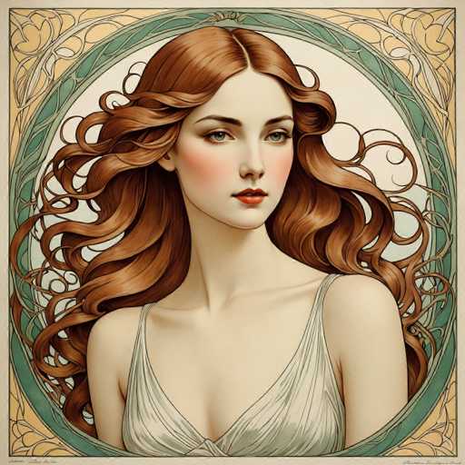 This image features a detailed, computer-generated portrait of a young woman with long, wavy red hair that cascades down to her waist. She has striking blue eyes, a fair complexion, and is adorned with red lipstick and rosy cheeks. The woman is dressed in a light gray, spaghetti strap dress that reveals a hint of cleavage. She is seated and looking slightly to her left, with her head turned in that direction. The background is a white circle framed by a green border, which is further encircled by a tan border decorated with intricate black line patterns. The overall composition gives the impression of a classic, elegant portrait.