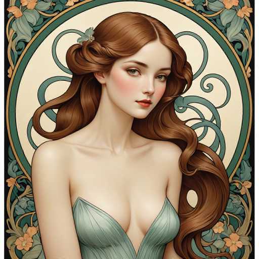 This image is a detailed digital illustration of a young woman, likely in her early 20s, with long, wavy brown hair that cascades down to her waist. She has a fair complexion, accentuated by a light pink blush on her cheeks and red lipstick. Her striking blue eyes are framed by brown eyebrows, and her hair is adorned with a small blue flower on the left side. She is wearing a light green, strapless dress that reveals her shoulders and chest, with the fabric featuring a subtle striped pattern. The background is a cream color, encircled by a green ring with a gold border. Surrounding this central circle are intricate, swirling designs in light blue and green, along with orange flowers and green leaves, adding a touch of elegance and complexity to the composition. The overall style of the illustration is reminiscent of a painting, with a focus on the woman's serene and captivating presence.