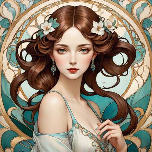 This image features a highly detailed, computer-generated illustration of a young woman with a strikingly realistic appearance. She has long, wavy brown hair adorned with three white flowers, each with a yellow center, positioned on the left, right, and top middle sections of her hair. Her blue eyes are accentuated by red lipstick, and she wears dangling earrings with blue stones. The woman is dressed in a light blue nightgown with thin straps, and a sheer white coverlet drapes over her right shoulder. She is posed with her body facing the right side of the image, while her head is turned towards the viewer, her left hand gently touching her chest. The background is a light blue, featuring a circular pattern with gold and blue elements, adding to the overall ethereal and dreamy quality of the scene.