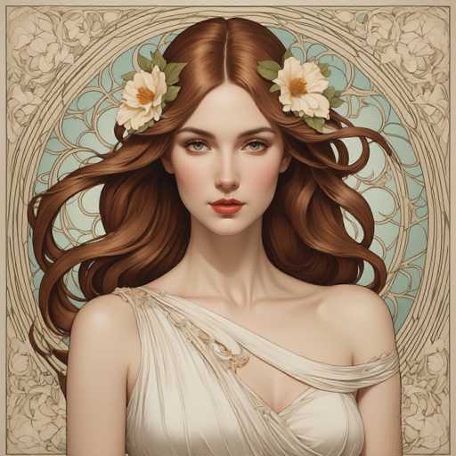 This image features a detailed, computer-generated illustration of a woman with long, wavy brown hair adorned with two white flowers on either side of her head. She has striking green eyes, red lips, and a fair complexion. The woman is dressed in a white, sleeveless dress that drapes elegantly over her right shoulder, leaving her left shoulder bare. The background is a light blue, circular design with intricate, light brown floral patterns that extend to the edges of the image. The overall composition is square, with the woman's face centered and gazing directly at the viewer. The image has a soft, almost ethereal quality, reminiscent of a painting or a detailed drawing, and the woman's expression is neutral, adding to the serene and timeless feel of the artwork.