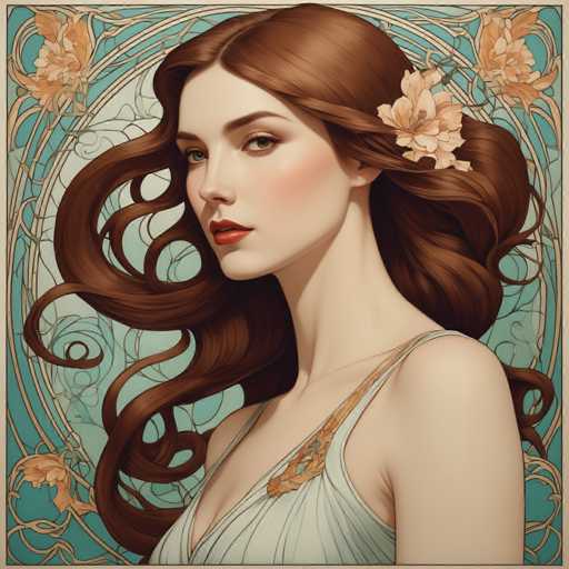 The image depicts a woman with long brown hair wearing a white dress and a gold necklace. She is looking directly at the camera with an expression of concentration or contemplation. The background features a blue and green floral design that complements her attire.
