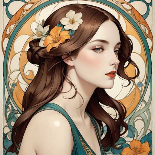 This image features a detailed, computer-generated portrait of a young woman, likely in her late teens or early twenties. She has long, wavy brown hair adorned with a white and orange flower, and her striking blue eyes are accentuated by her red lipstick. She is dressed in a green tank top with a gold design on the shoulder strap, and her fair skin contrasts beautifully with her vibrant attire. The background is a blend of intricate, swirling patterns in shades of blue, orange, and green, creating a stained glass-like effect. The overall composition gives the impression of a painting, with the woman's face turned slightly to the right, adding a sense of depth and engagement to the image.