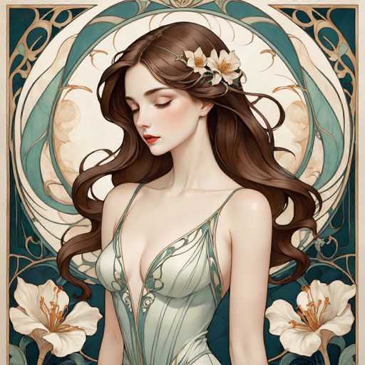 This image is a detailed, computer-generated illustration of a young woman, likely in her early 20s, with long, wavy brown hair adorned with a white flower. She has a fair complexion, dark eyebrows, and is wearing red lipstick. Her eyes are closed, and she is looking downward to the left. She is dressed in a light green, strappy dress with a deep V-neck that reveals some cleavage. The background features a circular design with a white center and a green border, surrounded by intricate gold and green patterns. Additionally, there are two large white flowers with yellow centers positioned at the bottom left and right corners of the image. The overall composition is square-shaped, with the woman's head centered and her body extending downwards, cut off at the waist.