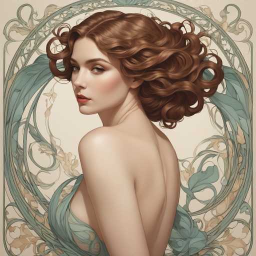 This image is a detailed, computer-generated illustration of a woman with long, wavy, reddish-brown hair that cascades down to her shoulders. She is depicted from the waist up, with her back partially turned towards the viewer, revealing a strapless green dress that leaves her shoulders and back exposed. The woman has a fair complexion, accentuated by red lipstick and a subtle blush on her cheeks. Her head is turned to the left, gazing over her shoulder with a serious expression. The background features an intricate design of green and brown vines and leaves, set against a light tan or beige backdrop, adding a sense of depth and elegance to the overall composition.