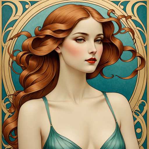 This image features a detailed, computer-generated illustration of a woman with long, wavy red hair that cascades down to her waist. She has striking green eyes, red lipstick, and a fair complexion with a subtle blush on her cheeks. The woman is wearing a green top with thin straps that go over her shoulders, revealing a hint of cleavage. The background is a teal color, adorned with a gold, ornate circular frame that adds a touch of elegance to the composition. The woman is looking directly at the viewer, creating a sense of engagement. The overall style of the image is reminiscent of a painting, with a focus on the woman's face and upper body.