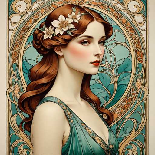 The image depicts a woman with long red hair wearing a blue dress adorned with gold accents and a flower crown on her head. The background features an intricate design of leaves and flowers, suggesting the art style to be impressionism or post-impressionism.