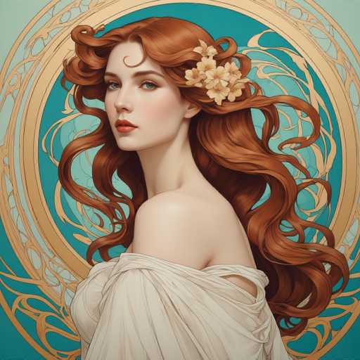 This image features a detailed, computer-generated illustration of a woman with long, wavy red hair adorned with a cluster of yellow flowers on the right side. She has striking blue eyes, red lips, and a fair complexion. The woman is dressed in a white, off-the-shoulder dress that drapes elegantly over her right shoulder, leaving her left shoulder bare. She is positioned with her body facing left, but her head is turned towards the viewer, creating a captivating, almost ethereal presence. The background is a rich blue, accentuated by a golden, ornate circular frame that adds a touch of regal elegance to the scene. The overall composition and intricate details suggest that this image is likely a creation of artificial intelligence, showcasing the capabilities of modern digital artistry.