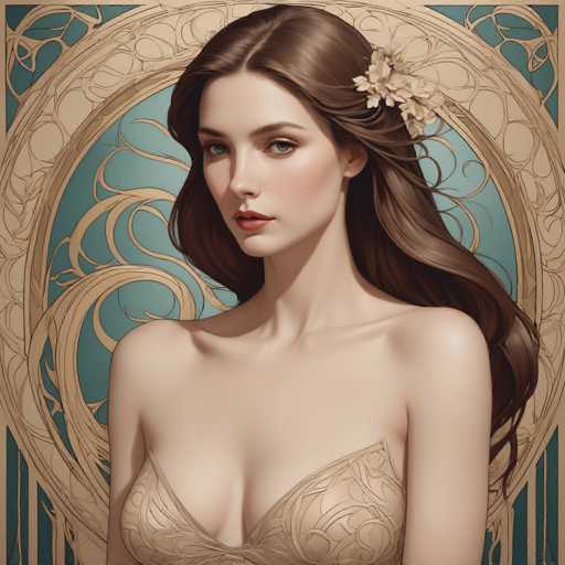 The image depicts a woman with long brown hair wearing a gold bra and tiara. She is standing against a blue background adorned with intricate designs. The woman's gaze is directed straight at the camera, creating an engaging visual connection between her and the viewer.