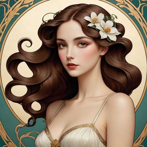 This image features a beautifully detailed, computer-generated portrait of a young woman with long, wavy brown hair. She has striking brown eyes and is adorned with a delicate white flower with yellow centers in her hair. The woman is wearing a white dress with thin straps and a gold trim, which complements her fair complexion and subtle makeup. Her lips are painted a soft pink, adding to her elegant appearance. The background is a rich tapestry of colors and patterns, with a dark greenish-blue hue and intricate gold designs. A prominent gold circle with a white center frames her head, enhancing the overall composition. The image captures her from the chest up, emphasizing her graceful and serene expression.