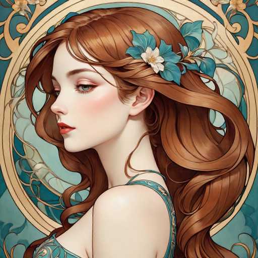 The image depicts a woman with long brown hair wearing a blue dress and a flower in her hair. The background features a floral design that complements the overall composition of the artwork.
