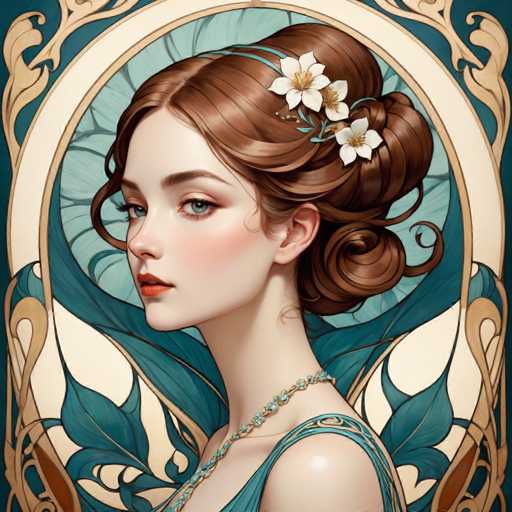 This image is a detailed, computer-generated illustration of a young woman, likely in her early 20s, with fair skin and striking blue eyes. She has brown hair styled in an elaborate updo, adorned with two white flowers. Her makeup is subtle, featuring light pink blush and red lipstick. She is wearing a green dress with a single strap over her shoulder, and a matching green beaded necklace. The woman is positioned in a three-quarter profile, facing left, with her head slightly tilted. The background is a rich tapestry of blue and green hues, featuring intricate floral and leaf patterns. A prominent white oval with a gold border frames her head, adding to the image's ornate and artistic feel. The overall style is reminiscent of a stained glass window, with its vivid colors and detailed patterns.