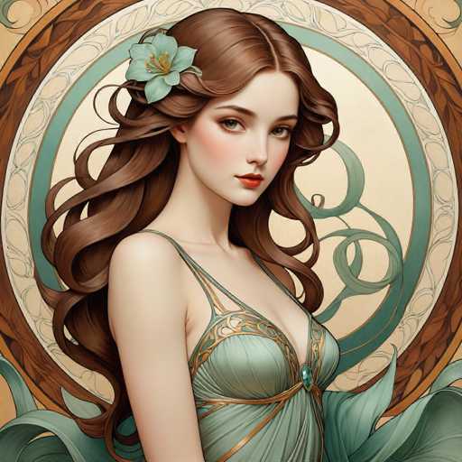 This image is a detailed, computer-generated illustration of a young woman, possibly in her late teens or early twenties. She has long, wavy brown hair adorned with a blue flower on the left side. Her complexion is very pale, and she has striking green eyes, pink cheeks, and red lips. She is dressed in an elegant, light green dress with intricate gold trim and a low-cut neckline, which appears to be made of a flowing fabric. The dress features a gem at the center of the bust and has thin straps over her shoulders. The background is a complex, multi-layered design with concentric circles in shades of brown, teal, and white, creating a textured, almost three-dimensional effect. The outermost circle is brown, followed by teal, white, and another teal circle, with a beige center. The overall composition gives the impression of a sophisticated, possibly Victorian-era portrait.