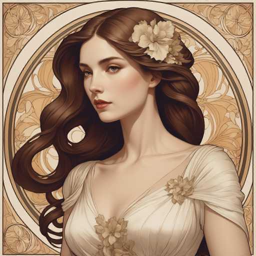 This image features a detailed, computer-generated portrait of a woman with long, wavy brown hair adorned with a large white flower on the left side. She has striking blue eyes, red lips, and a fair complexion. The woman is dressed in a white, low-cut dress that reveals a hint of cleavage and is decorated with flowers on the left side of her chest and on her right shoulder. The background is a light brown, almost beige color, with a circular pattern that frames her head and shoulders, adding a touch of elegance to the overall composition. The intricate design and the woman's poised expression suggest a classic, timeless beauty.