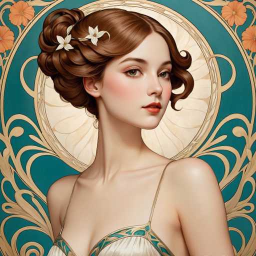 This image features a detailed, computer-generated portrait of a young woman with fair skin and brown hair styled in a bun adorned with white flowers. She has striking green eyes, red lips, and is wearing a white dress with thin straps and blue accents. The background is a rich teal color, decorated with intricate gold floral patterns and orange flowers, creating a regal and elegant atmosphere. The woman is positioned centrally, gazing directly at the viewer, with her head slightly turned to the right. The overall composition and style suggest a blend of traditional and modern elements, reminiscent of a classic portrait with contemporary digital artistry.