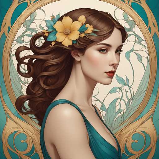 This image is a detailed, computer-generated illustration of a woman with long, wavy brown hair adorned with a yellow flower and blue leaves. She is depicted in a side profile, facing to the right, with her head slightly turned towards the viewer. The woman has blue eyes, red lipstick, and a fair complexion. She is wearing a green dress with a single strap over her shoulder. The background features a light beige color with intricate, swirling green vines and leaves. Surrounding the woman is a gold frame with a blue border, adding a decorative touch to the overall composition. The image is square in shape and captures the woman from the chest up, emphasizing her elegant and serene appearance.