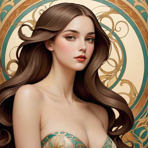 This image features a stunningly realistic depiction of a young woman, possibly a real person or a highly skilled AI creation. The woman has long, wavy brown hair that cascades down to her chest, with a few strands playfully framing her face. Her complexion is fair, and she has striking green eyes accentuated by light brown eyebrows. Her lips are painted a vibrant red, and her expression is neutral, with her gaze directed slightly to the right.

She is dressed in a top that appears to be either green or blue, adorned with intricate gold floral patterns. The top is low-cut, revealing a hint of cleavage. The background complements her attire, featuring a circular design with a gold outer ring, a blue inner ring, and a white center. The white center is decorated with delicate gold floral patterns, adding to the overall elegance of the image.