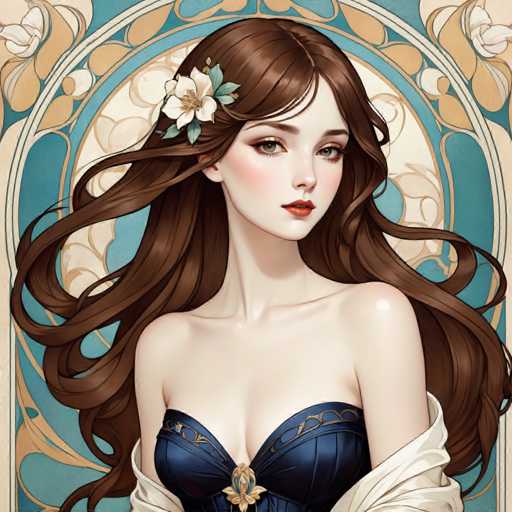 This image features a detailed, computer-generated illustration of a young woman, likely in her late teens or early twenties. She has long, wavy brown hair adorned with a white flower on the left side. Her complexion is very pale, accentuated by her striking green eyes and red lips. She is dressed in a blue corset with gold trim, which is low-cut, revealing her bare shoulders and arms. Draped over her shoulders is a white shawl or sweater. The background is a rich tapestry of blue, gold, and white, with intricate floral patterns and swirls, adding to the overall elegance and sophistication of the scene.