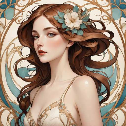 This image is a detailed digital artwork of a young woman, likely in her late teens or early twenties. The artwork is square-shaped and features the woman from her chest upwards, with her head positioned at the top of the frame. She has long, wavy brown hair that cascades down to her chest, with a few strands flowing over her shoulders. Her hair is adorned with a large, white flower on the left side of her head, surrounded by green leaves. The woman has striking blue eyes, accentuated by black eyeliner, and her lips are painted a soft pink. Her complexion is fair, with a slight blush on her cheeks. She is wearing a white top with intricate gold designs, which includes a single strap over her left shoulder. The background is a blend of light blue and white, with a subtle gold pattern that complements the overall composition. The digital artwork is highly detailed, showcasing the artist's skill in capturing realistic textures and colors.