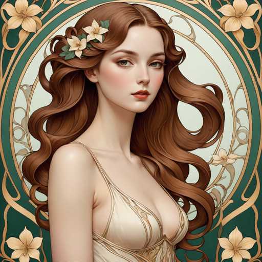 This image features a detailed, computer-generated portrait of a young woman with long, wavy brown hair adorned with white flowers and green leaves. She has striking green eyes, a fair complexion, and is wearing a beige dress with thin straps and a low neckline. The background is a rich tapestry of dark green and gold, embellished with intricate floral patterns and swirls, creating a regal and elegant atmosphere. The woman is positioned centrally, gazing directly at the viewer, her expression serene and captivating.