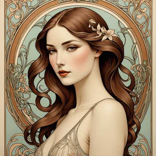 This image features a detailed, computer-generated portrait of a woman with long, wavy brown hair adorned with a delicate white flower. Her hair cascades down her back, complementing her light brown eyes and fair complexion. She wears a light brown, one-shoulder dress that reveals her bare shoulder and part of her chest. Her lips are painted a striking red, and her cheeks are blushed, adding to her elegant appearance. The background is a light blue, framed by an intricate, ornate border with a goldish-brown hue and floral patterns. The woman gazes directly at the viewer, exuding a sense of confidence and poise.