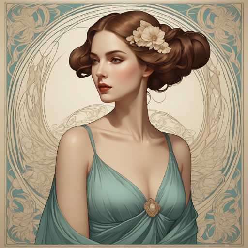 This image is a detailed, computer-generated illustration of a woman with a vintage, Victorian-inspired aesthetic. She has fair skin and brown hair styled in an elaborate updo, adorned with a large white flower. Her makeup is subtle, featuring light pink blush and red lipstick. She is dressed in a teal-colored, low-cut dress with thin straps and a gold brooch at the center of her chest. The dress appears to have a shawl-like drape over her arms. The background is a light blue with intricate, beige floral patterns and swirls, adding to the overall ornate and elegant feel of the image. The woman is looking over her left shoulder, giving a partial profile view of her face.