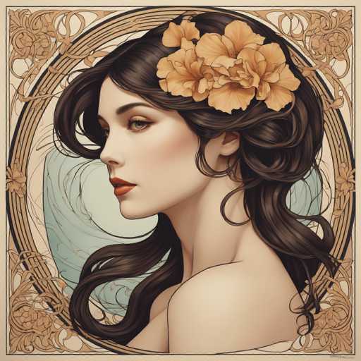This image features a detailed, computer-generated portrait of a woman with long, dark brown hair adorned with three large, orange flowers. Her hair is elegantly styled, with the flowers positioned on the left side of her head. She has striking blue eyes and wears red lipstick, complementing her fair complexion. The woman is depicted in a side profile, facing left, with her bare shoulder visible, suggesting she might be wearing a strapless dress or top. The background is a light blue, framed by an ornate, gold-colored circular border that adds a touch of elegance to the composition. The overall style of the image is reminiscent of a painting, with a focus on the woman's face and upper body.