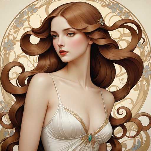 This image features a young woman with long, wavy brown hair adorned with a small blue flower clip. She has striking blue eyes, pink cheeks, and red lips, giving her a classic beauty look. The woman is wearing a white dress with thin straps and a low neckline, which is embellished with gold trim and a blue gem at the center. The background is a light tan color, decorated with intricate gold vines and blue flowers, adding a touch of elegance to the overall composition.