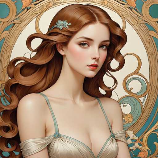 This image features a highly detailed, computer-generated depiction of a young woman with long, wavy red hair adorned with a blue flower barrette. She has striking green eyes, pale skin, and is wearing a low-cut, beige dress with thin straps. The dress appears to have a blue trim and is complemented by a sash that drapes over her shoulders. The woman is posed with her body facing the camera, but her head is turned to the right, giving her a contemplative expression. The background is a rich tapestry of blue and gold, with intricate floral and scroll designs that frame her figure, adding to the overall elegance and depth of the image.