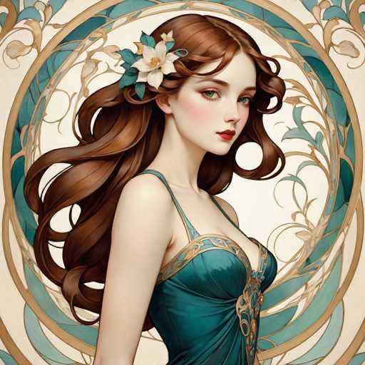 This image features a highly detailed, computer-generated depiction of a young woman, likely in her late teens or early twenties. She has long, wavy brown hair adorned with a white flower and green leaves. Her striking blue eyes are accentuated by red lipstick, and she has a fair complexion with a slight blush on her cheeks. She is dressed in a teal-colored, low-cut dress with thin straps and intricate gold embroidery. The dress is form-fitting, highlighting her figure. The background is a cream color, framed by a circular pattern of gold and teal, with additional gold and teal leaves extending outward. The overall composition gives the impression of a painting or a sophisticated digital artwork.