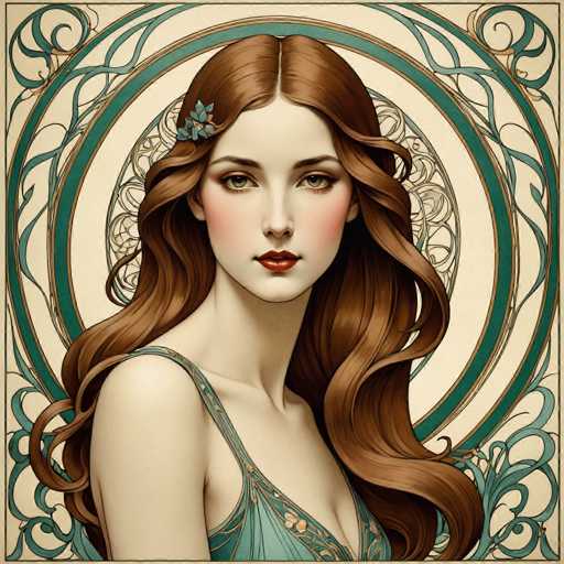This image features a detailed, computer-generated illustration of a woman with long, wavy brown hair adorned with a blue flower on the left side. She has striking green eyes, red lipstick, and a fair complexion. The woman is dressed in a green dress with gold accents, which has a single strap over her right shoulder. The background is a beige color with intricate green and gold swirls, adding a touch of elegance to the overall composition. The image is square-shaped, and the woman is positioned centrally, gazing directly at the viewer.