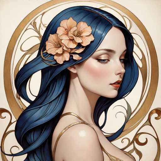 This image features a strikingly beautiful woman with long, flowing blue hair adorned with three large, peach-colored flowers. Her hair cascades down her back, complementing her fair complexion and delicate features. She has blue eyes, a small nose, and red lips, with a hint of blush on her cheeks. The woman is dressed in a gold top, visible from the shoulders up, and is posed in a side profile, gazing downward. The background is a light beige, almost white, with an intricate gold design that includes a circular pattern and swirling lines, adding a touch of elegance to the composition. The overall effect is a captivating and ethereal portrait.
