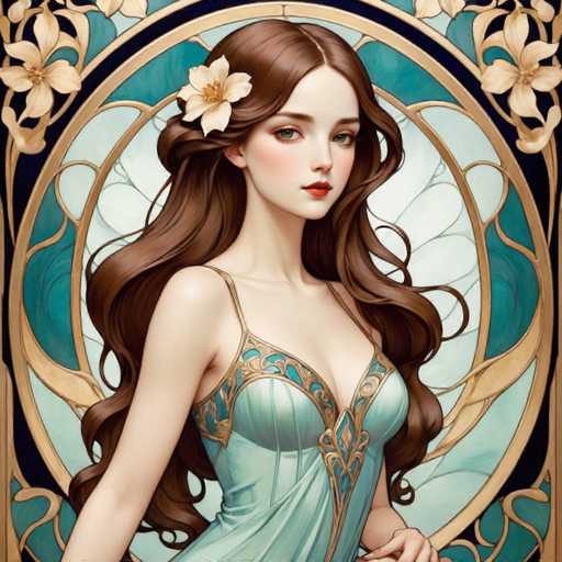 This image features a beautifully detailed, computer-generated illustration of a young woman, likely in her late teens or early twenties. She has long, wavy brown hair adorned with a delicate white flower on the left side. Her complexion is fair, and she wears striking red lipstick that complements her light blue eyes. The woman is dressed in a light blue dress with thin straps and a V-neckline, embellished with intricate gold designs that add a touch of elegance to her attire. The background is a stunning mosaic of blue and white tiles, interspersed with golden floral patterns, creating a harmonious and visually captivating setting. The overall composition exudes a sense of grace and sophistication, with the woman's poised demeanor and the ornate backdrop enhancing the artistic quality of the image.
