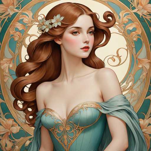 This image features a detailed, computer-generated illustration of a young woman with long, wavy brown hair adorned with a delicate floral headband. She has striking green eyes, a small nose, and full lips, with a hint of blush on her cheeks. The woman is dressed in a light blue corset with intricate gold trim, which is low-cut, revealing her bare shoulders and arms. A light blue shawl drapes over her left shoulder, adding to her elegant appearance. The background is a rich tapestry of blue and gold, embellished with floral patterns and a prominent white circle behind her head, enhancing the overall regal and sophisticated aesthetic of the image.