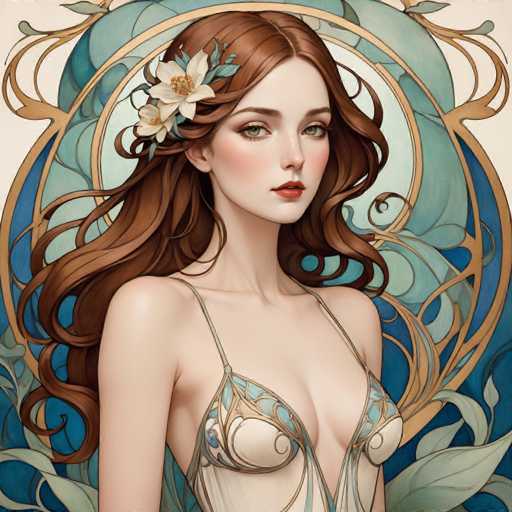 This image features a detailed, computer-generated illustration of a young woman with long, wavy brown hair adorned with white flowers and green leaves. She has striking green eyes, red lips, and a fair complexion. The woman is wearing a revealing, low-cut dress that combines beige and blue hues, with intricate gold and blue patterns. The dress has thin straps and a design that accentuates her cleavage. She is posed with her body facing forward, but her head is turned to the right, giving a side profile view. The background is a blend of blue, green, and gold, with a circular pattern that adds depth to the image. The overall style of the illustration is reminiscent of a painting, with a focus on the woman's elegant and somewhat seductive appearance.
