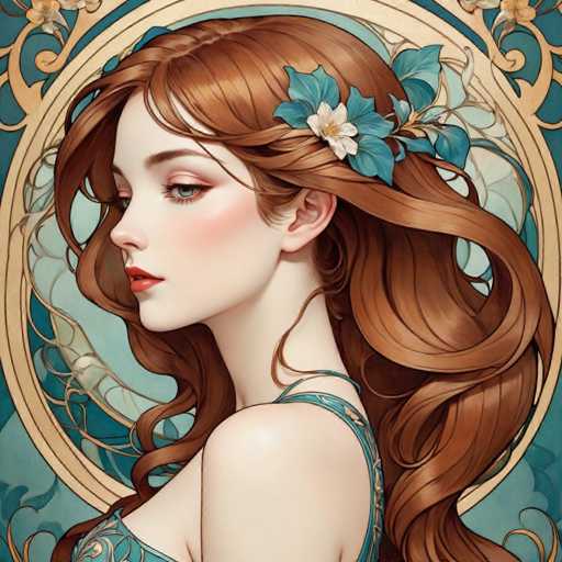 The image depicts a highly detailed, computer-generated illustration of a young woman with long, wavy red hair adorned with blue flowers and leaves. She is positioned in a side profile, facing left, with her head slightly turned towards the viewer. Her striking blue eyes, accentuated by red lipstick, and a hint of blush on her cheeks, give her a captivating appearance. She is dressed in a blue top with intricate gold patterns, though only the upper part of her body is visible. The background features a circular, ornate gold frame with blue and gold accents, adding to the overall elegance of the scene. The woman's hair cascades down her back, with some strands elegantly draped over her shoulder, enhancing the artistic and sophisticated nature of the illustration.