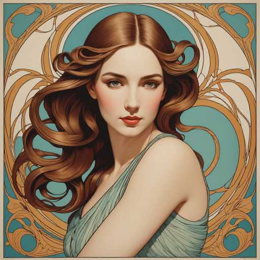 This image features a detailed, computer-generated portrait of a young woman with long, wavy brown hair that cascades down to her waist. She has striking blue eyes and is adorned with red lipstick, complementing her fair complexion. The woman is dressed in a light green dress that wraps around her neck and drapes over her shoulder, leaving her other shoulder bare. Her head is turned slightly to the right, gazing directly at the viewer. The background is a rich blue, accentuated by intricate, swirling patterns in shades of orange and white that frame her head and extend down the sides of the image. The overall composition is square, with a thin gray border encasing the entire picture.